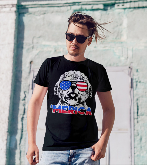 Bichon Frise Wearing American Flag Sunglasses 'Merica T-Shirt