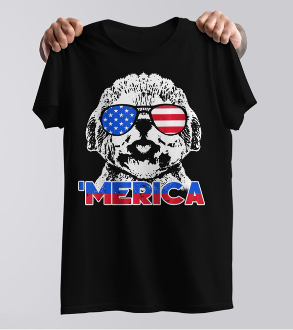 Bichon Frise Wearing American Flag Sunglasses 'Merica T-Shirt