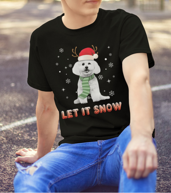 Let It Snow Bichon Frise Xmas Reindeer Hat Snowflakes Scarf T-Shirt