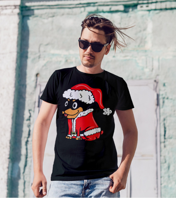 Miniature Pinscher Dressed As Santa Claus In Festive Red T-Shirt
