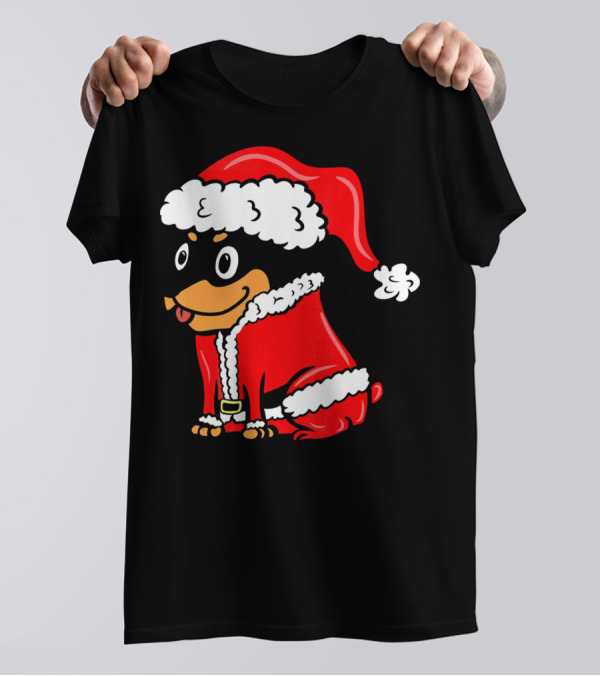 Miniature Pinscher Dressed As Santa Claus In Festive Red T-Shirt