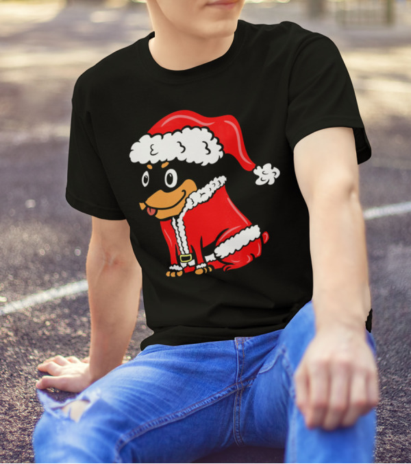 Miniature Pinscher Dressed As Santa Claus In Festive Red T-Shirt