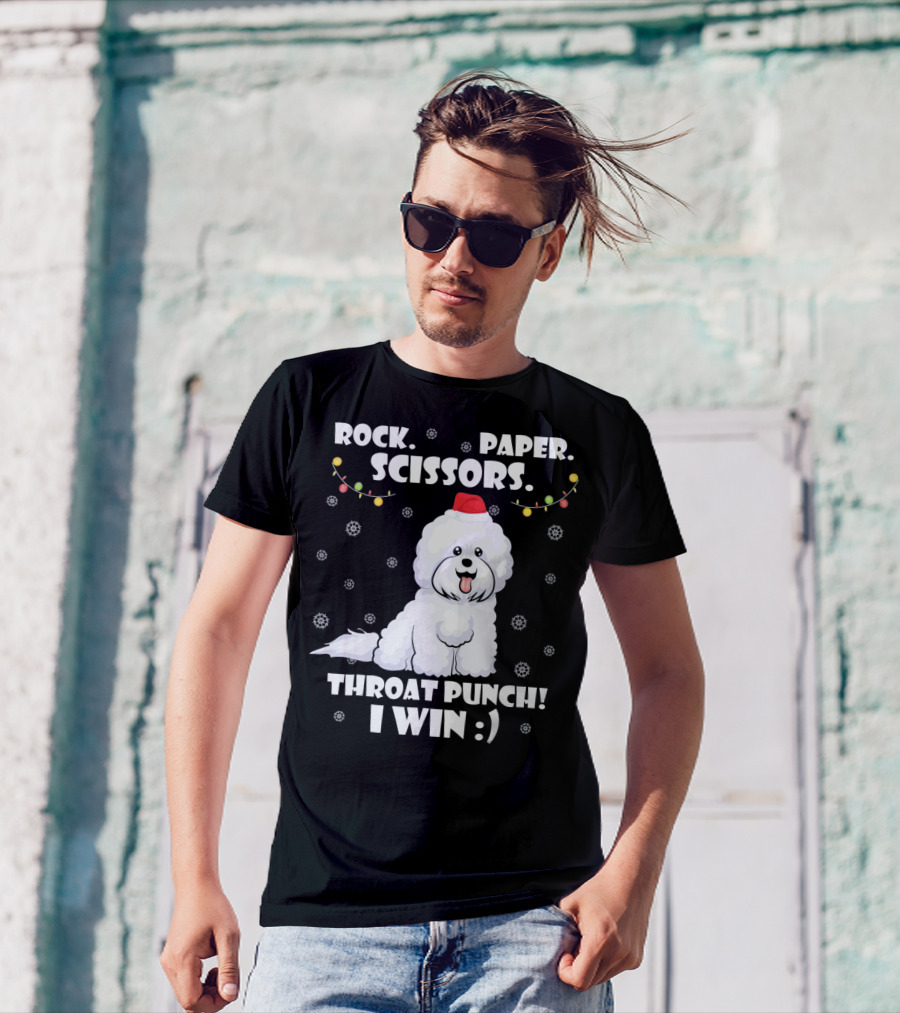 ROCK PAPER SCISSORS THROAT PUNCH I WIN BICHON DOG SANTA HAT SNOWFLAKES HOLIDAY LIGHTS T-Shirt