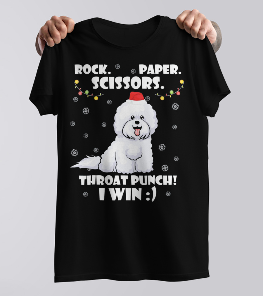 ROCK PAPER SCISSORS THROAT PUNCH I WIN BICHON DOG SANTA HAT SNOWFLAKES HOLIDAY LIGHTS T-Shirt