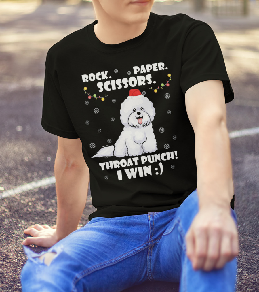 ROCK PAPER SCISSORS THROAT PUNCH I WIN BICHON DOG SANTA HAT SNOWFLAKES HOLIDAY LIGHTS T-Shirt