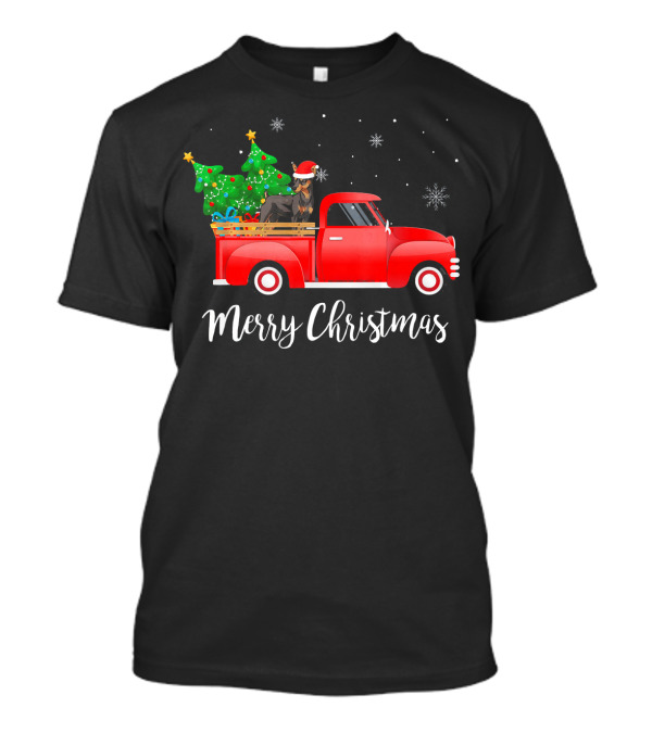 Merry Christmas Miniature Pinscher Red Truck Tree Snowflakes T-Shirt