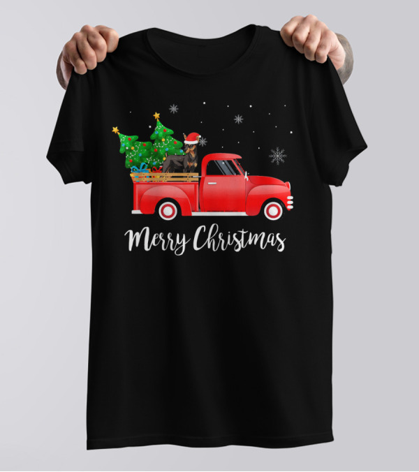 Merry Christmas Miniature Pinscher Red Truck Tree Snowflakes T-Shirt