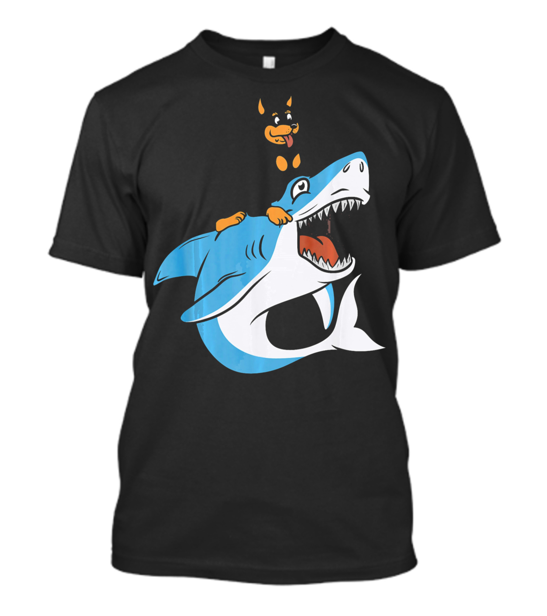 Miniature Pinscher Riding Shark Cartoon T-Shirt