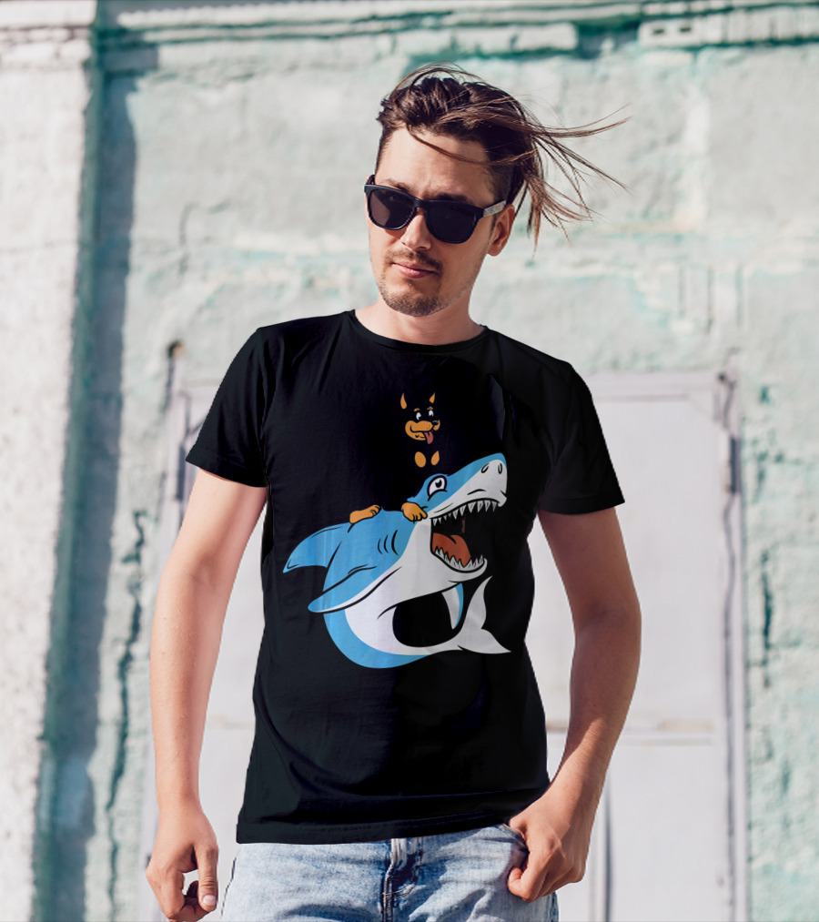 Miniature Pinscher Riding Shark Cartoon T-Shirt