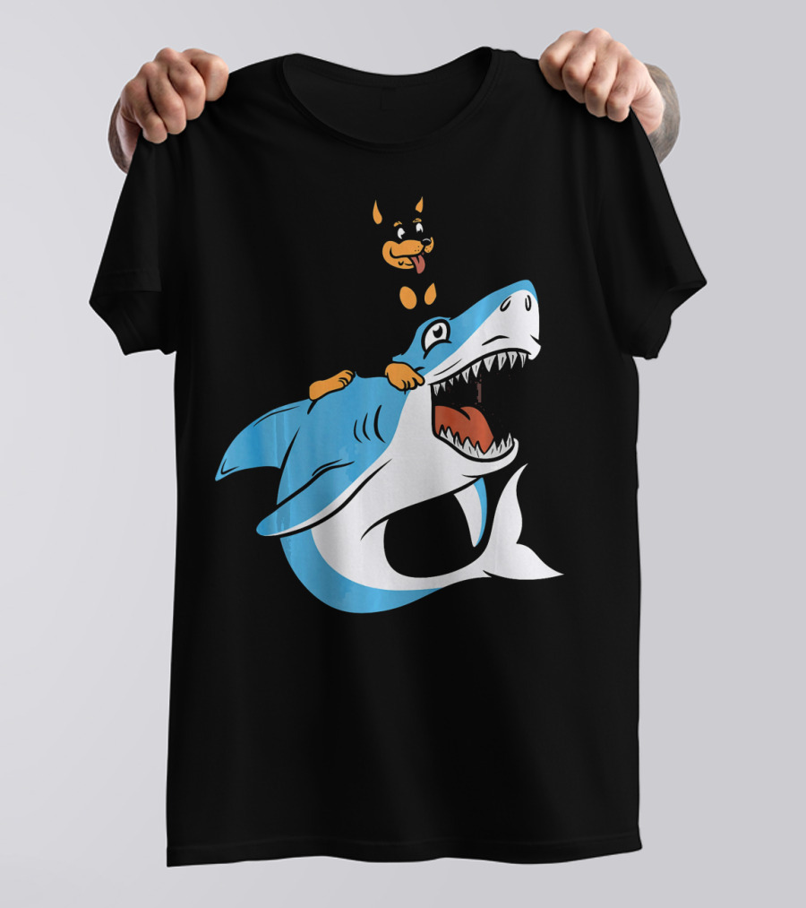 Miniature Pinscher Riding Shark Cartoon T-Shirt