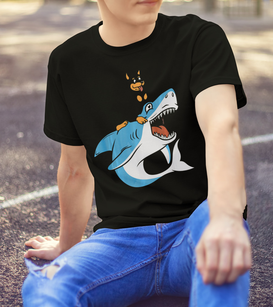 Miniature Pinscher Riding Shark Cartoon T-Shirt