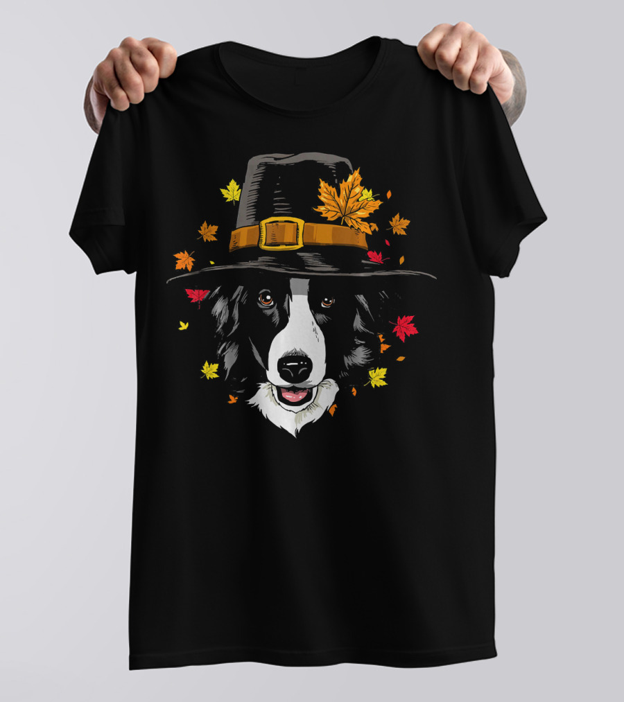 Thanksgiving Border Collie Pilgrim Hat Autumn Leaves T-Shirt