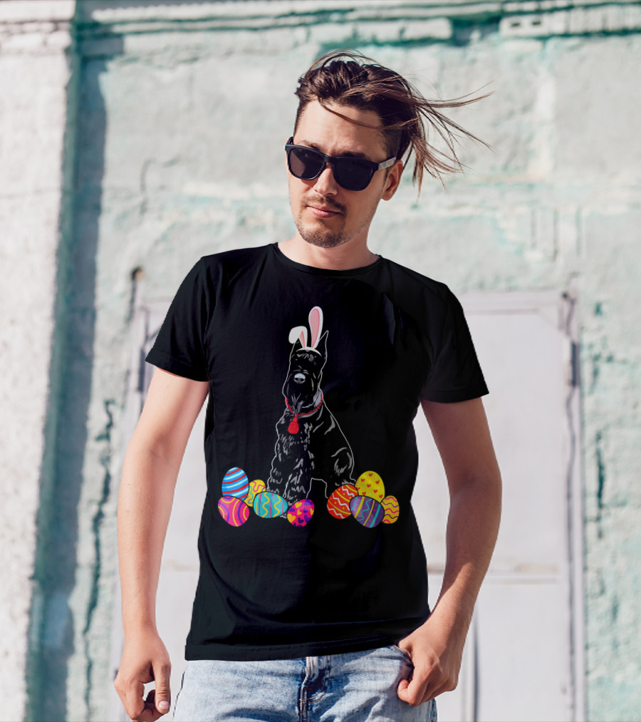 Giant Schnauzer With Bunny Ears And Colorful Easter Eggs T-Shirt