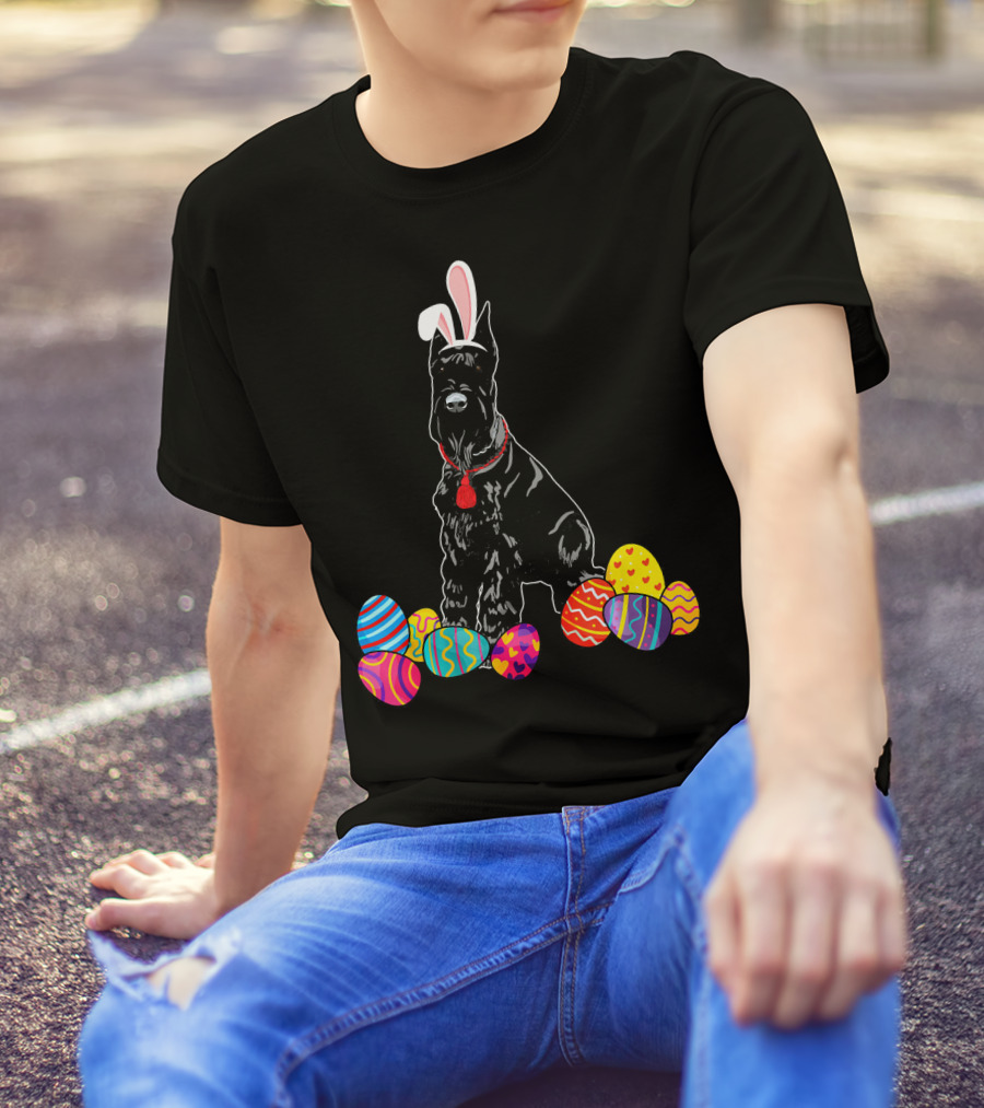 Giant Schnauzer With Bunny Ears And Colorful Easter Eggs T-Shirt