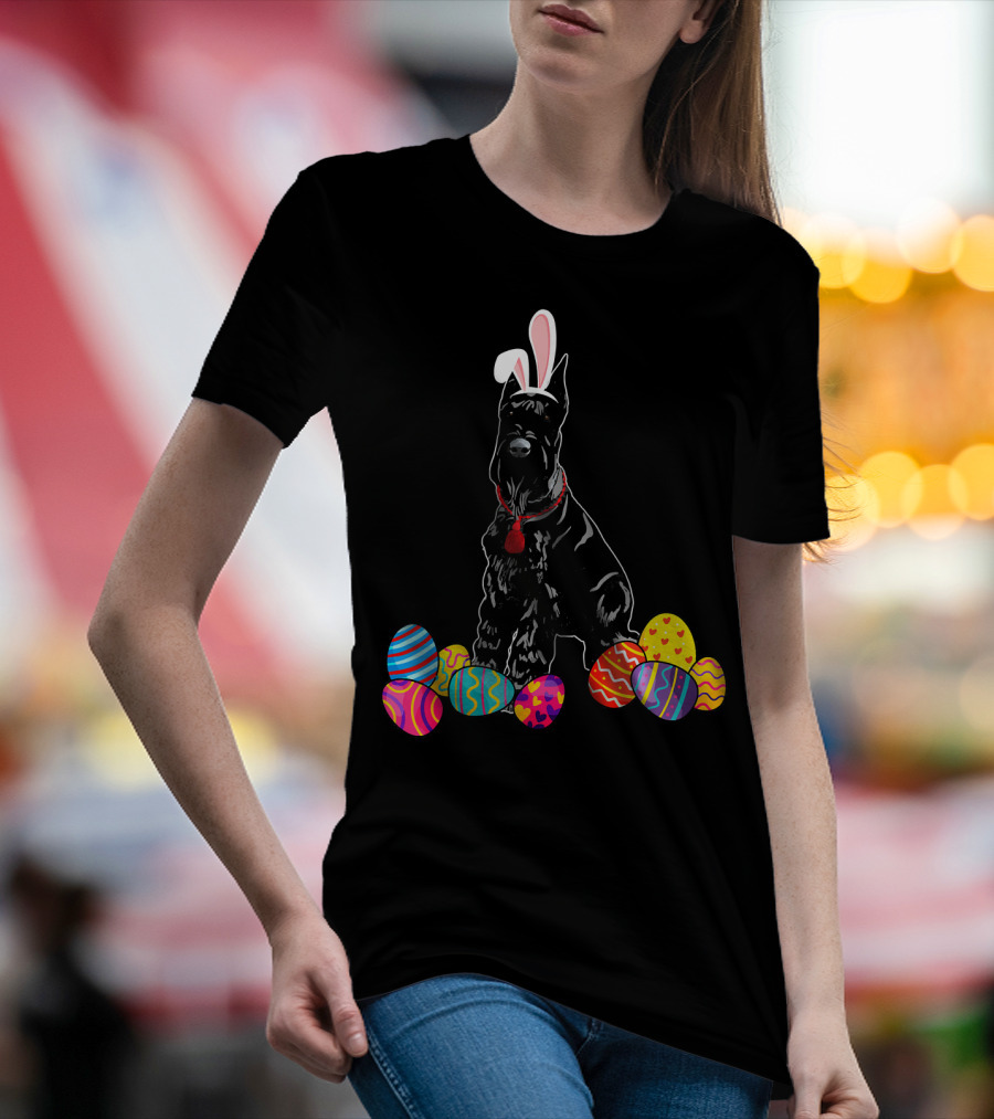 Giant Schnauzer With Bunny Ears And Colorful Easter Eggs T-Shirt