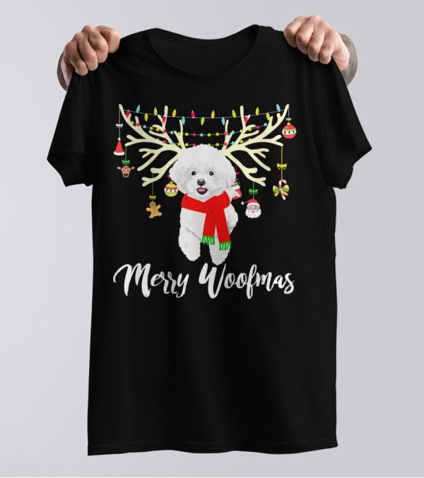 Merry Woofmas Bichon Frise Reindeer Christmas Decorations And Lights T-Shirt