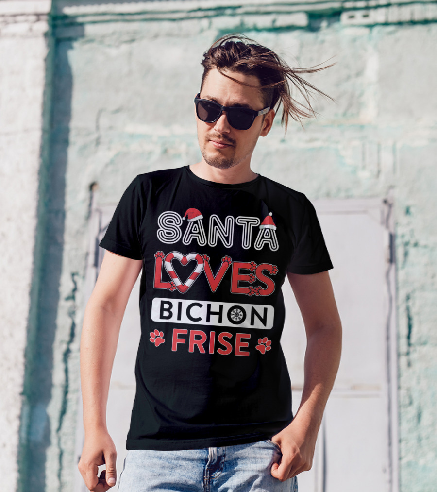 Santa Loves Bichon Frise Paw Print Heart Snowflake T-Shirt