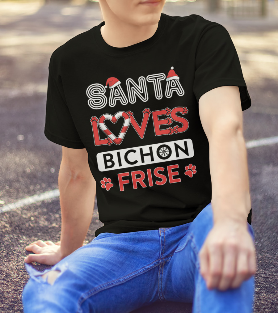 Santa Loves Bichon Frise Paw Print Heart Snowflake T-Shirt