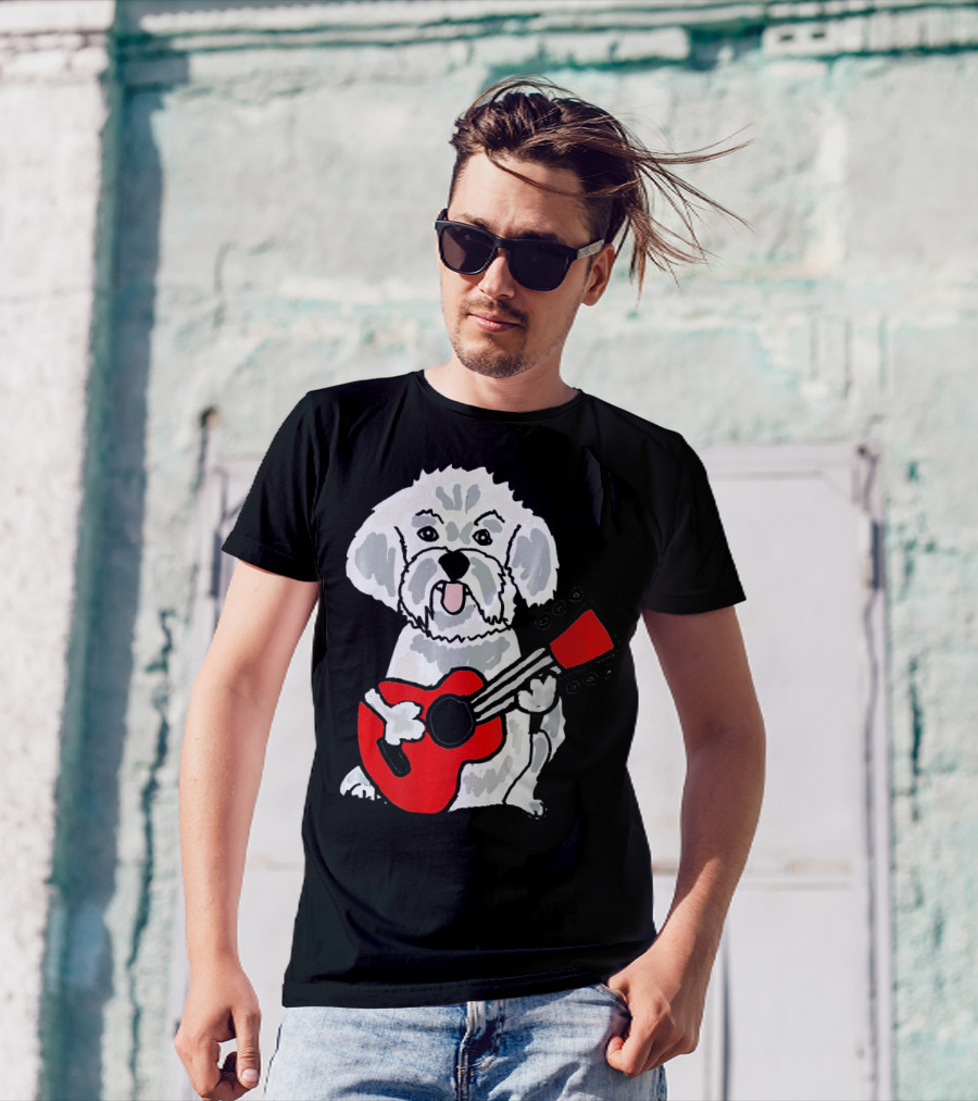 Smiletodaytees Funny Bichon Frise Dog Playing Red Guitar T-Shirt