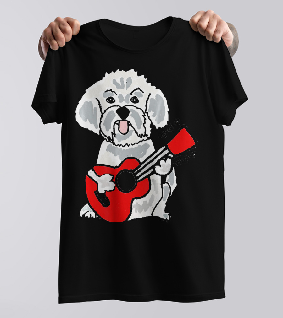 Smiletodaytees Funny Bichon Frise Dog Playing Red Guitar T-Shirt