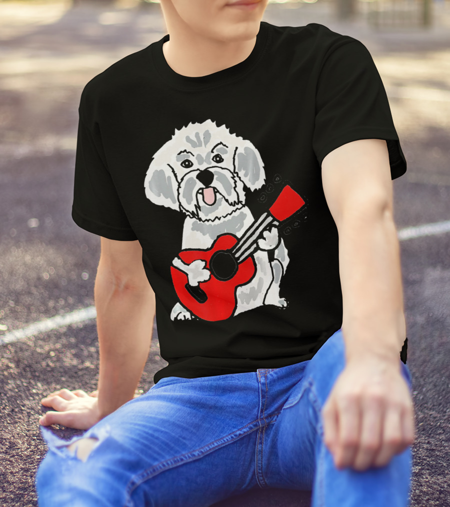Smiletodaytees Funny Bichon Frise Dog Playing Red Guitar T-Shirt