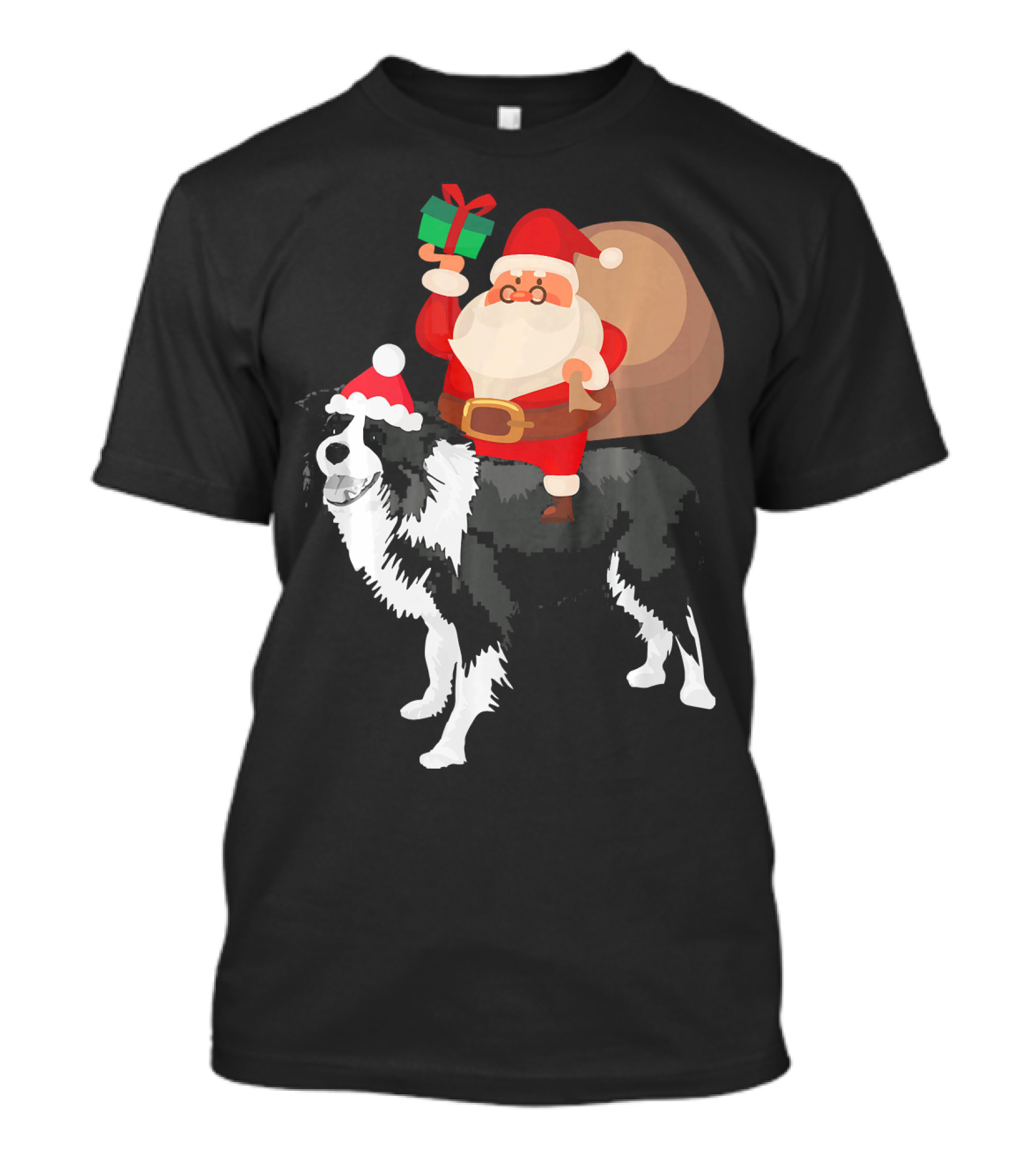 Santa Riding Border Collie Christmas Pajamas Festive Santa Hat Present T-Shirt