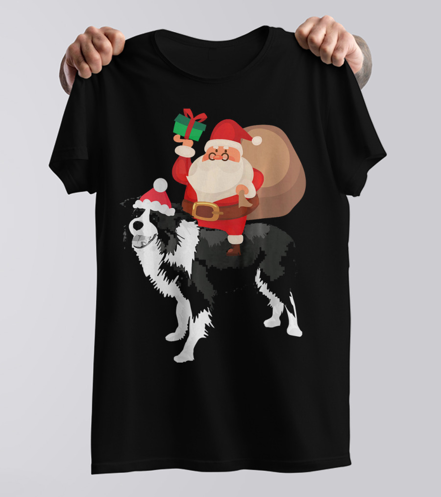 Santa Riding Border Collie Christmas Pajamas Festive Santa Hat Present T-Shirt