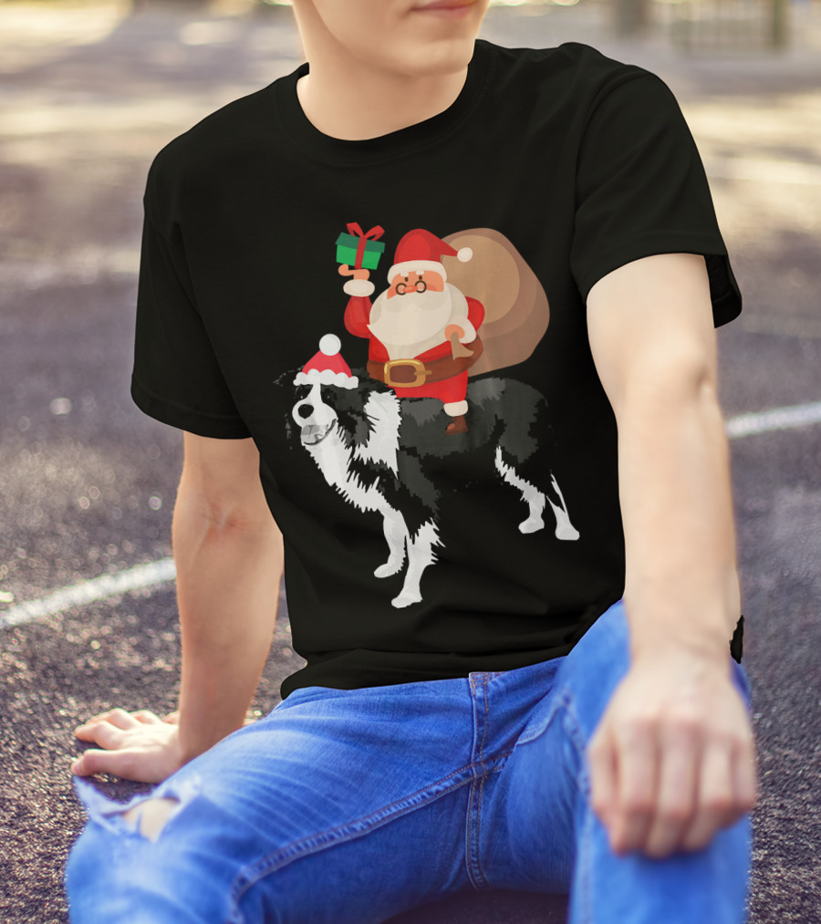 Santa Riding Border Collie Christmas Pajamas Festive Santa Hat Present T-Shirt
