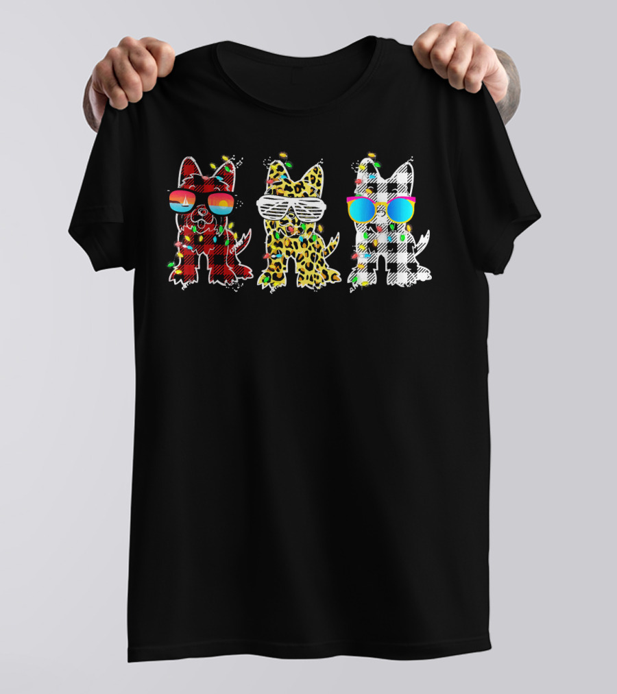 Plaid Leopard Yorkie Christmas Sunglasses Lights Trio T-Shirt