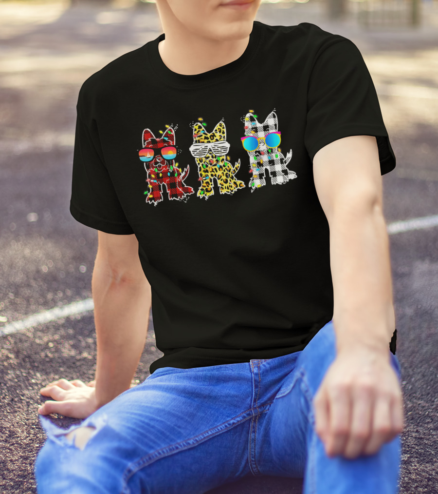 Plaid Leopard Yorkie Christmas Sunglasses Lights Trio T-Shirt