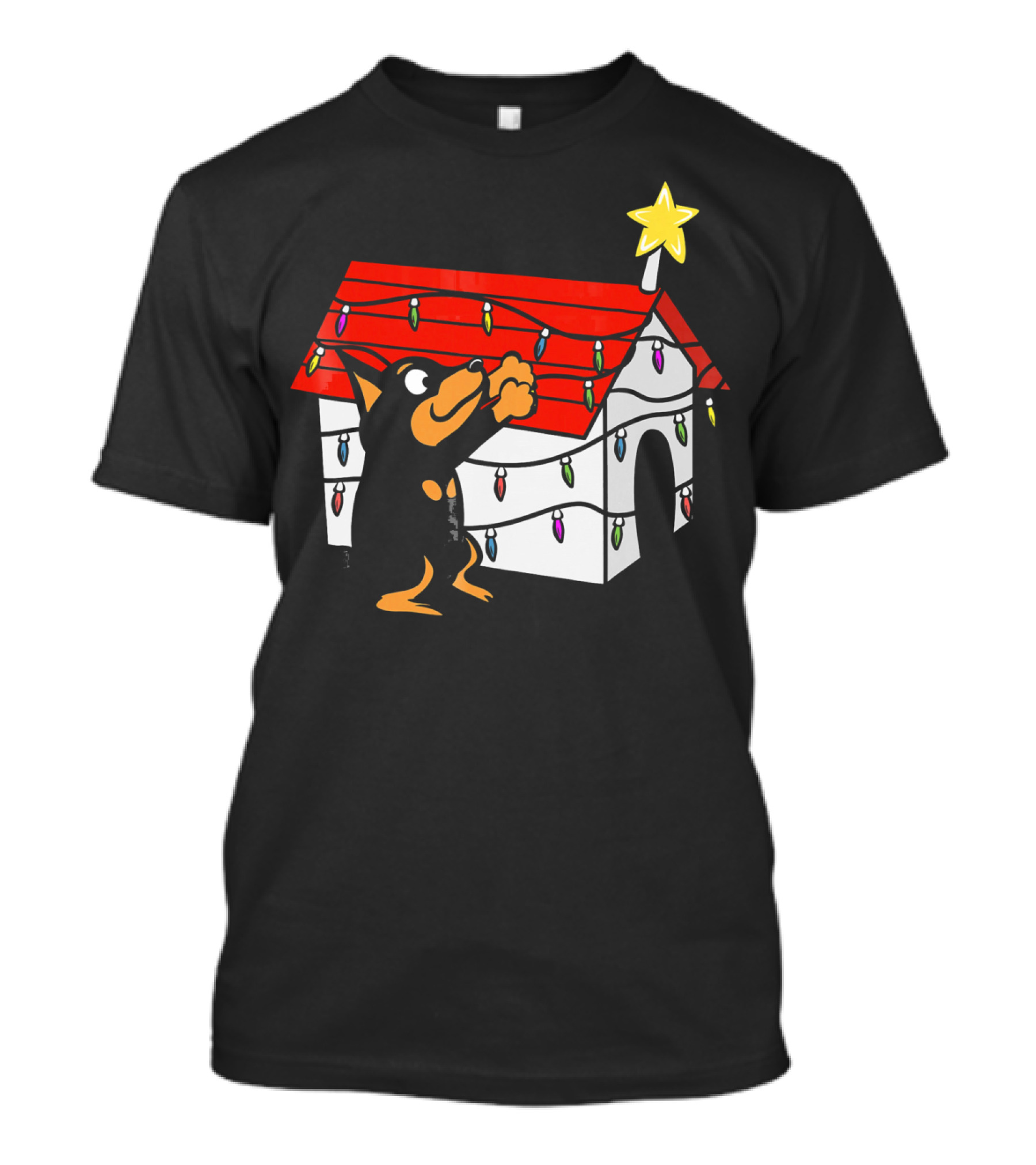 Miniature Pinscher Doghouse Christmas Ornament With Festive Lights And Star T-Shirt