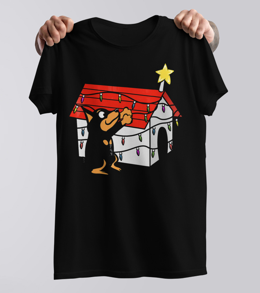Miniature Pinscher Doghouse Christmas Ornament With Festive Lights And Star T-Shirt
