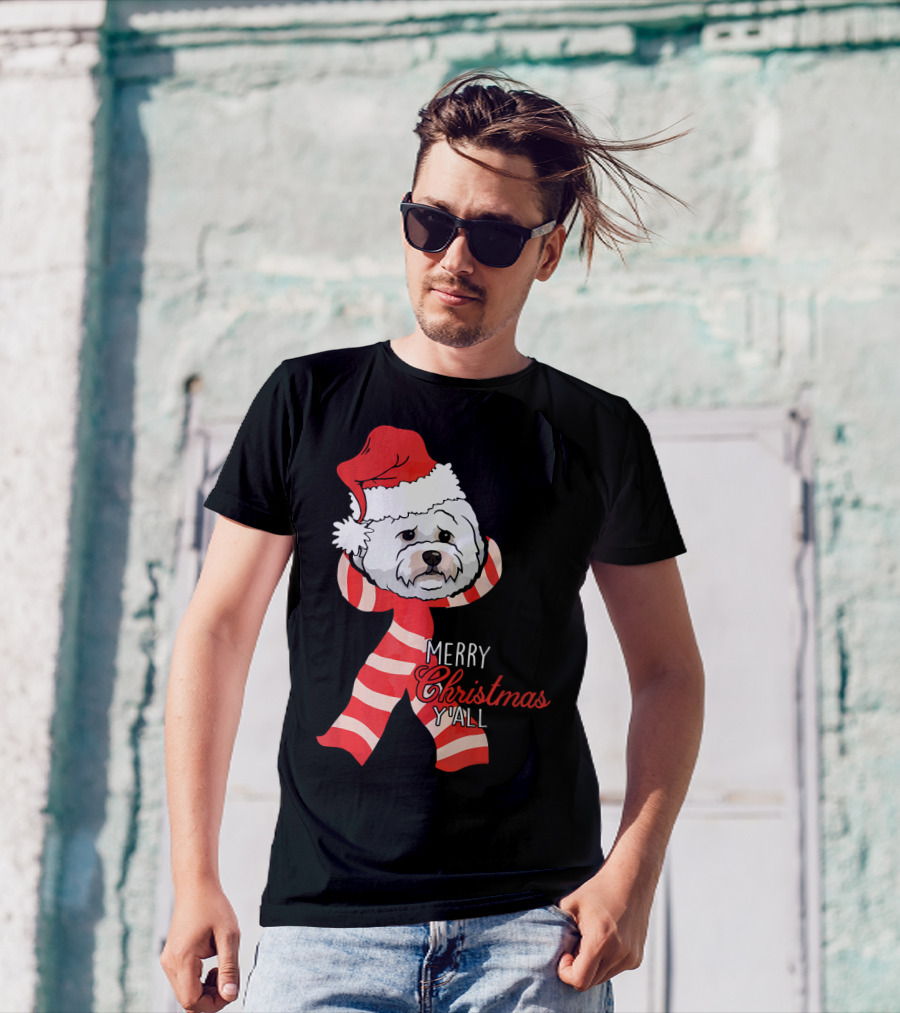 Merry Christmas Y'all Santa Bichon Frise Holiday Greeting T-Shirt