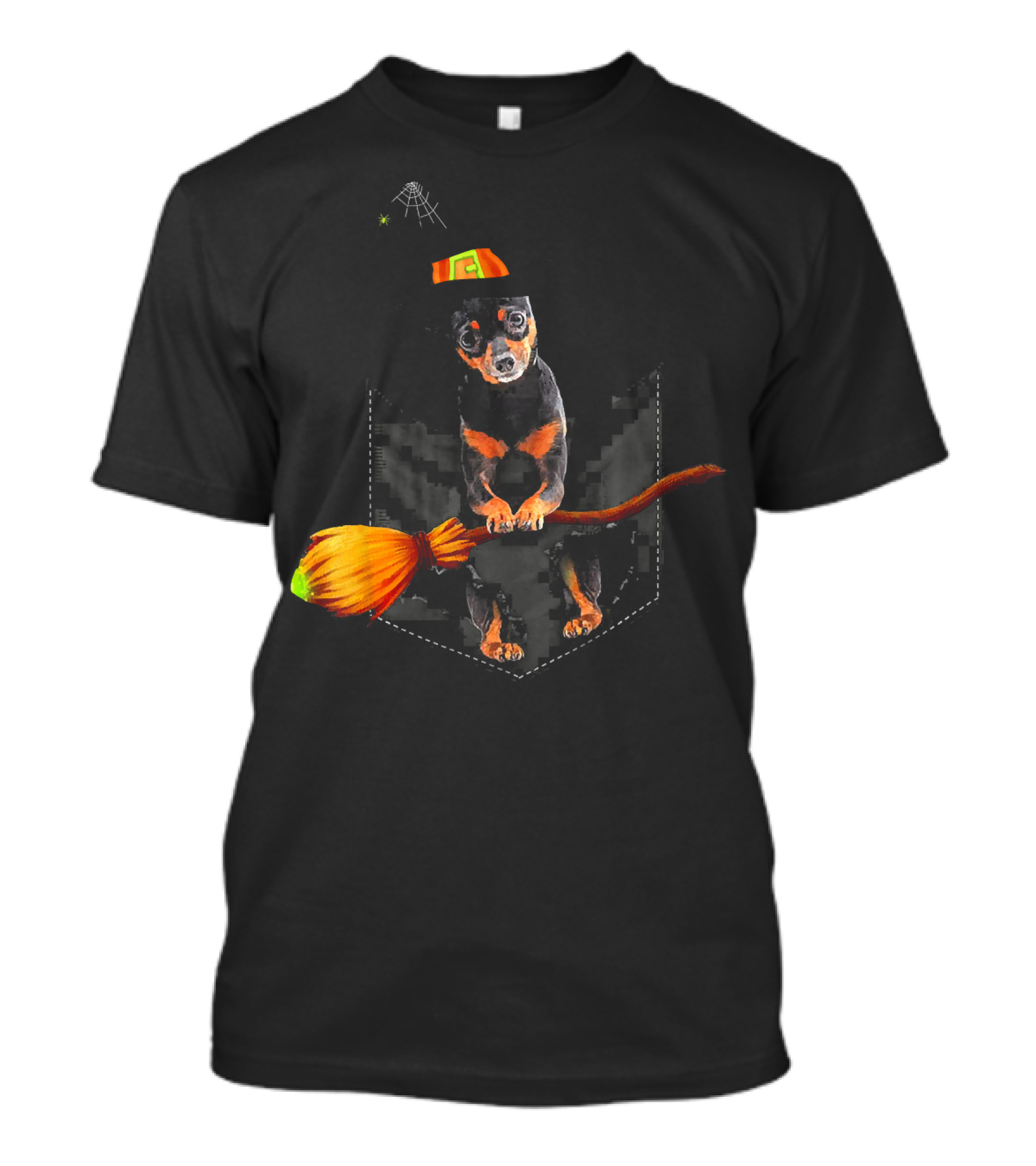 Miniature Pinscher Witch With Broomstick In Pocket T-Shirt