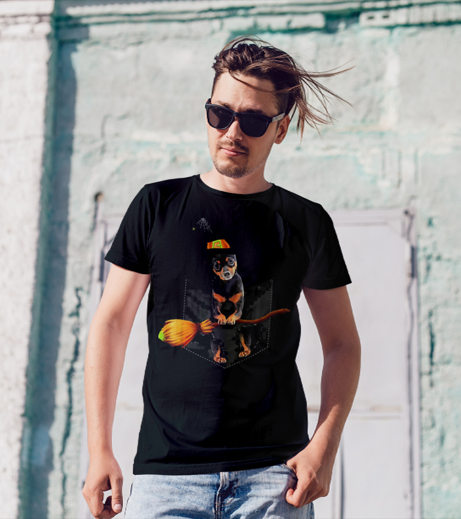 Miniature Pinscher Witch With Broomstick In Pocket T-Shirt