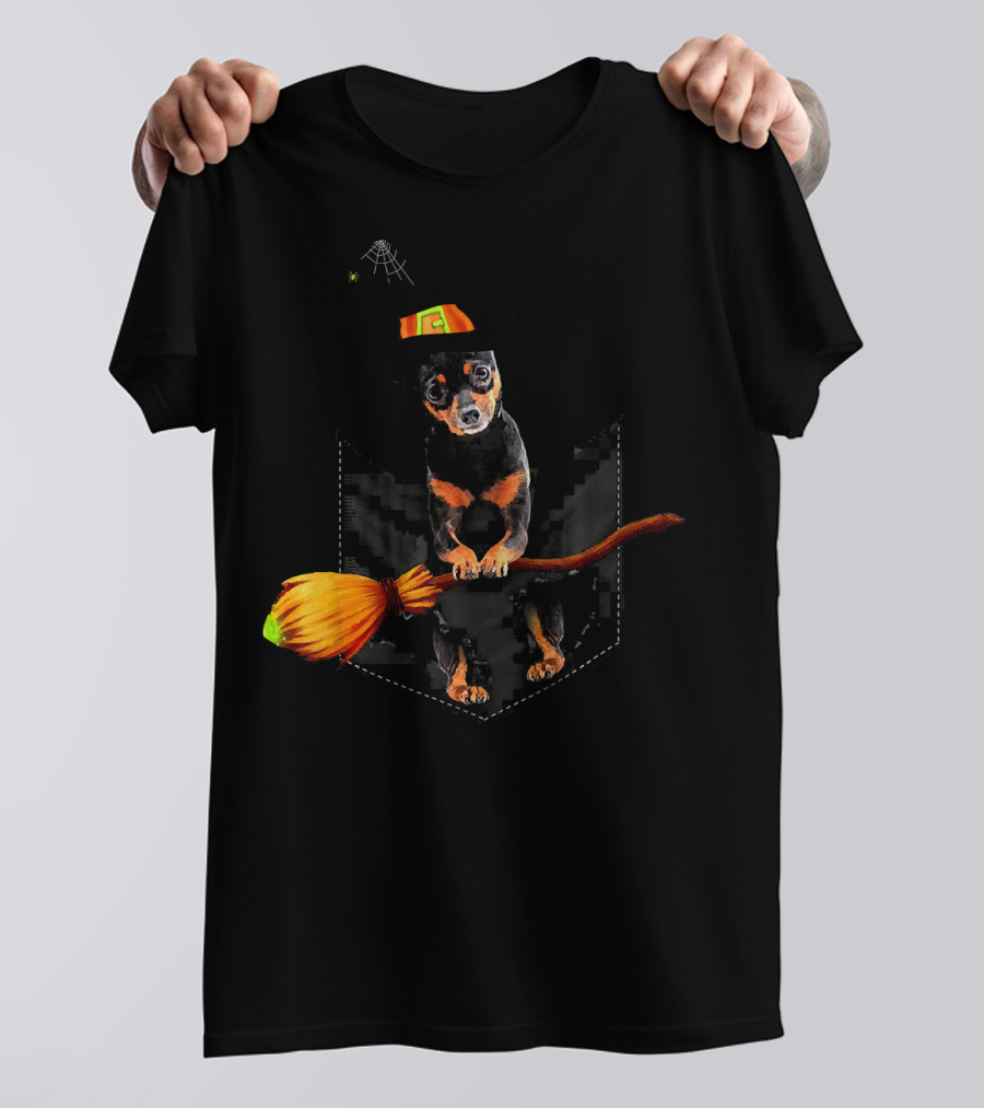 Miniature Pinscher Witch With Broomstick In Pocket T-Shirt