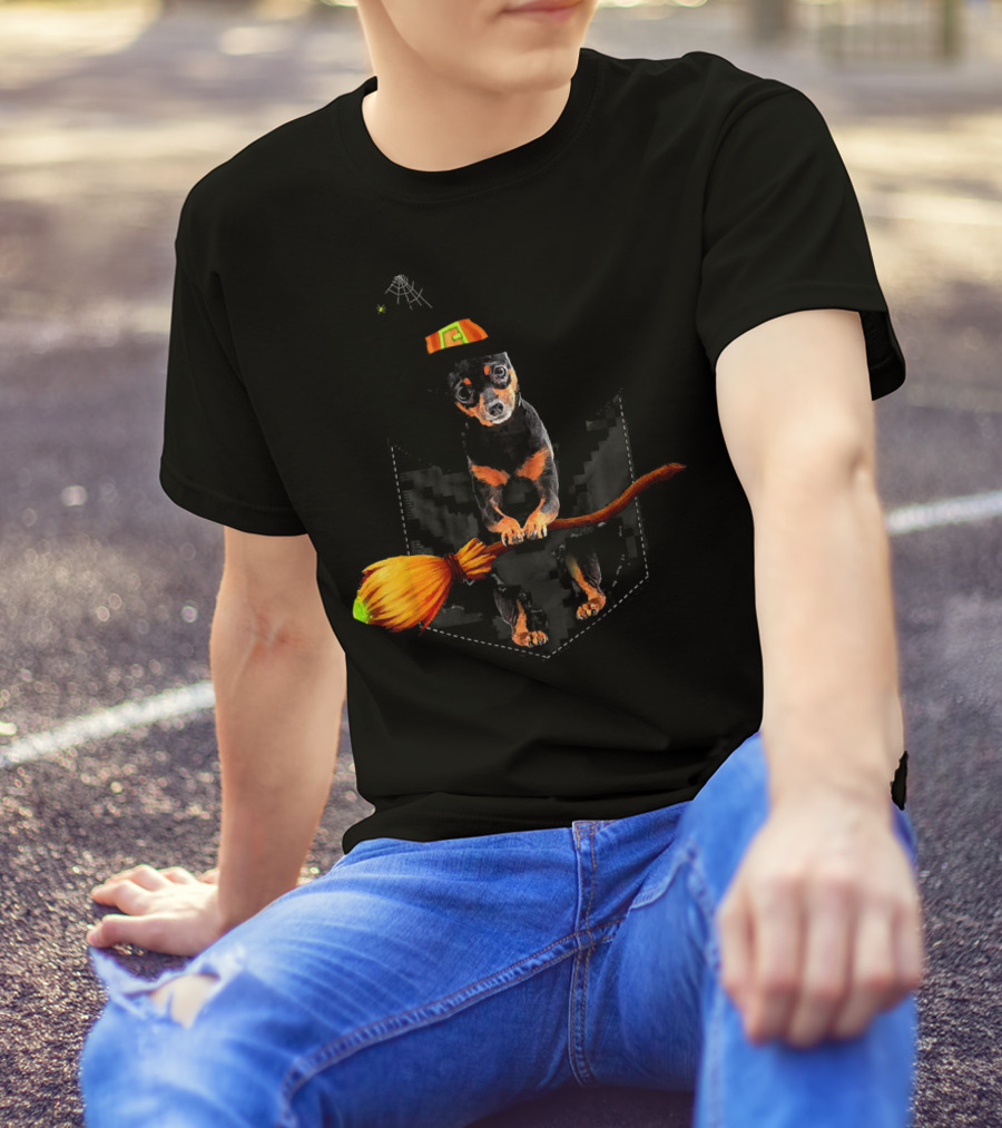 Miniature Pinscher Witch With Broomstick In Pocket T-Shirt
