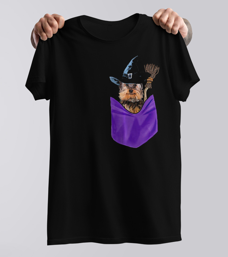 Yorkie Witch In Purple Pocket With Broom T-Shirt