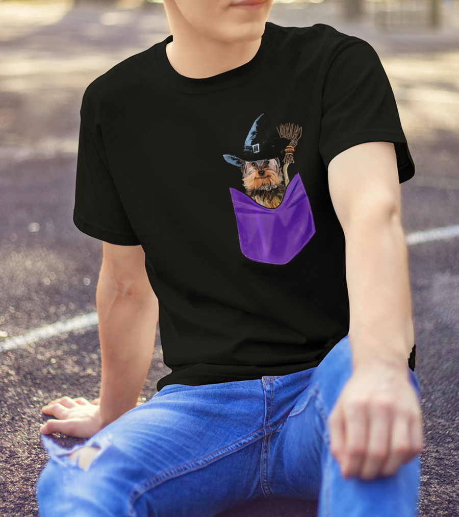 Yorkie Witch In Purple Pocket With Broom T-Shirt