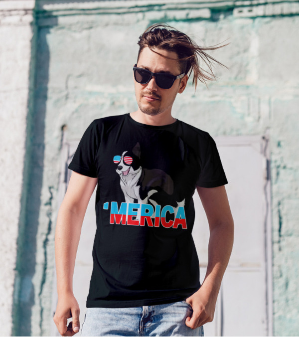 'Merica Border Collie USA Flag Sunglasses T-Shirt