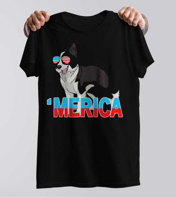 'Merica Border Collie USA Flag Sunglasses T-Shirt