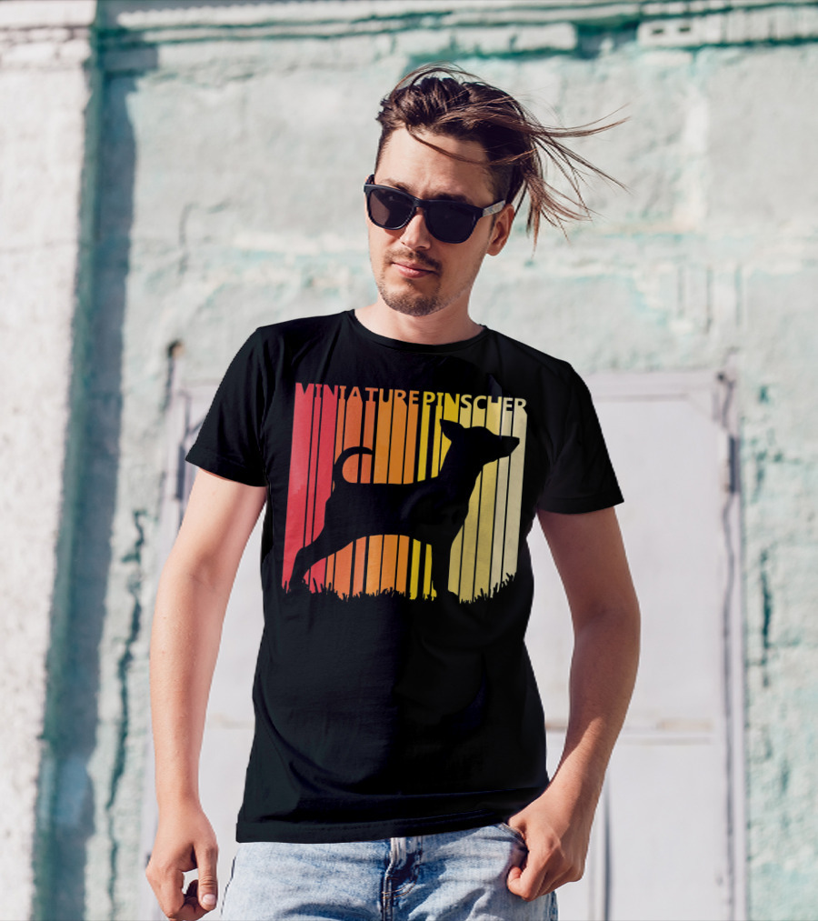 Miniature Pinscher Retro Dog Silhouette Striped Sunset T-Shirt