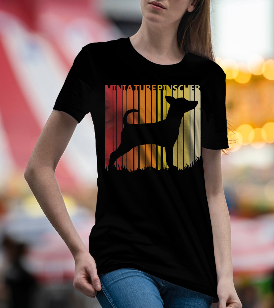 Miniature Pinscher Retro Dog Silhouette Striped Sunset T-Shirt