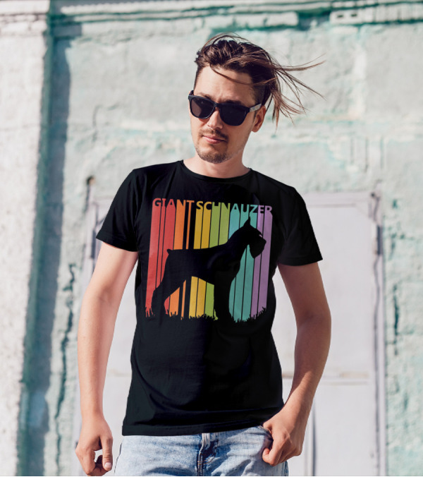 Giant Schnauzer Silhouette Rainbow Stripe Background T-Shirt