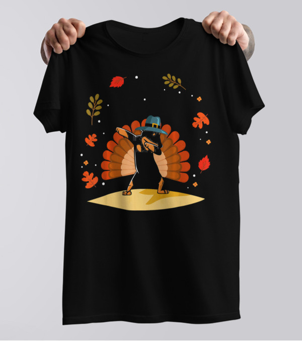 Miniature Pinscher Dog Dabbing Funny Thanksgiving Turkey Leaves Hat T-Shirt