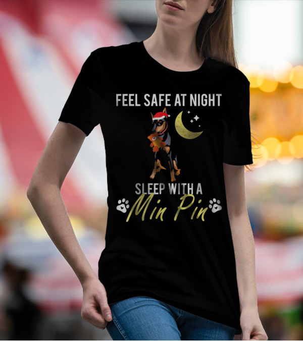 Feel Safe At Night Sleep With A Min Pin Crescent Moon Santa Hat Dog Paws T-Shirt