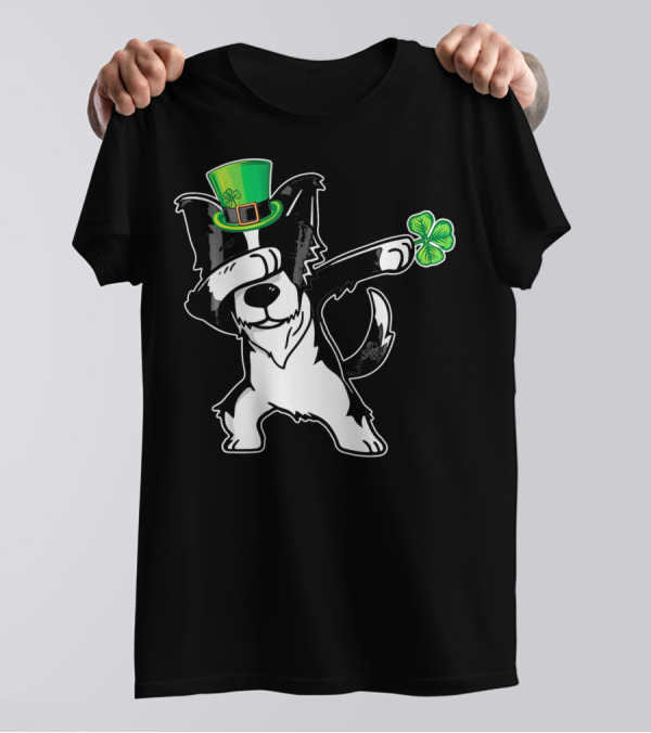 Funny Border Collie Dab Dabbing Dance With Leprechaun Hat And Shamrock T-Shirt