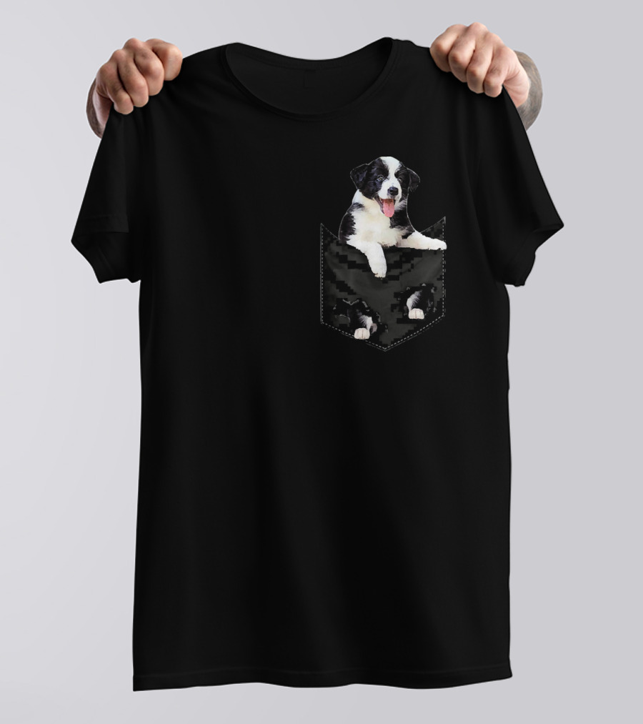 Funny Border Collie Puppy Poking Out Of Pocket T-Shirt