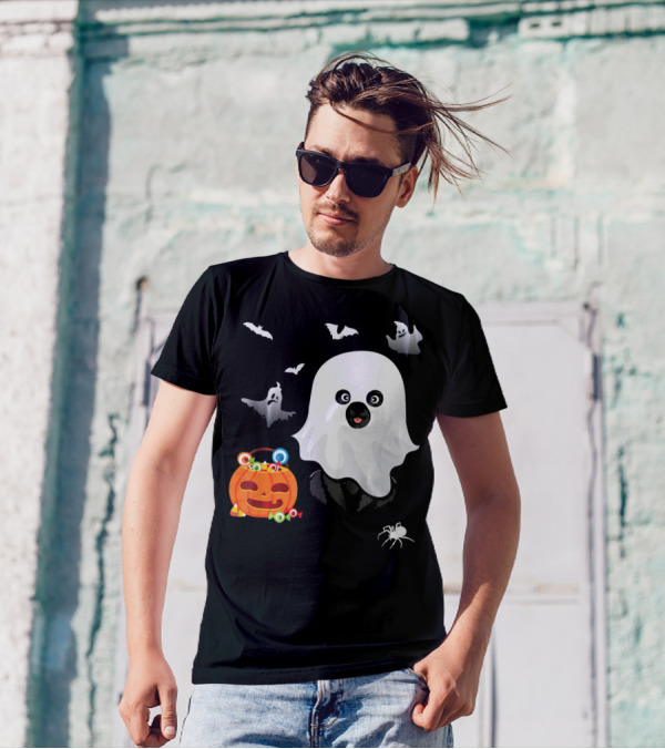 Miniature Pinscher Ghost Halloween With Pumpkin And Bats T-Shirt