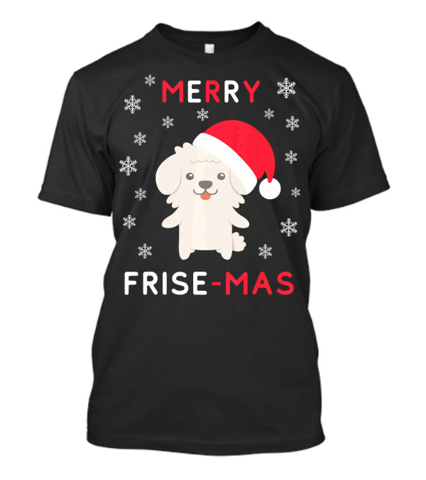 Merry Frise Mas Funny Christmas Bichon With Santa Hat And Snowflakes T-Shirt